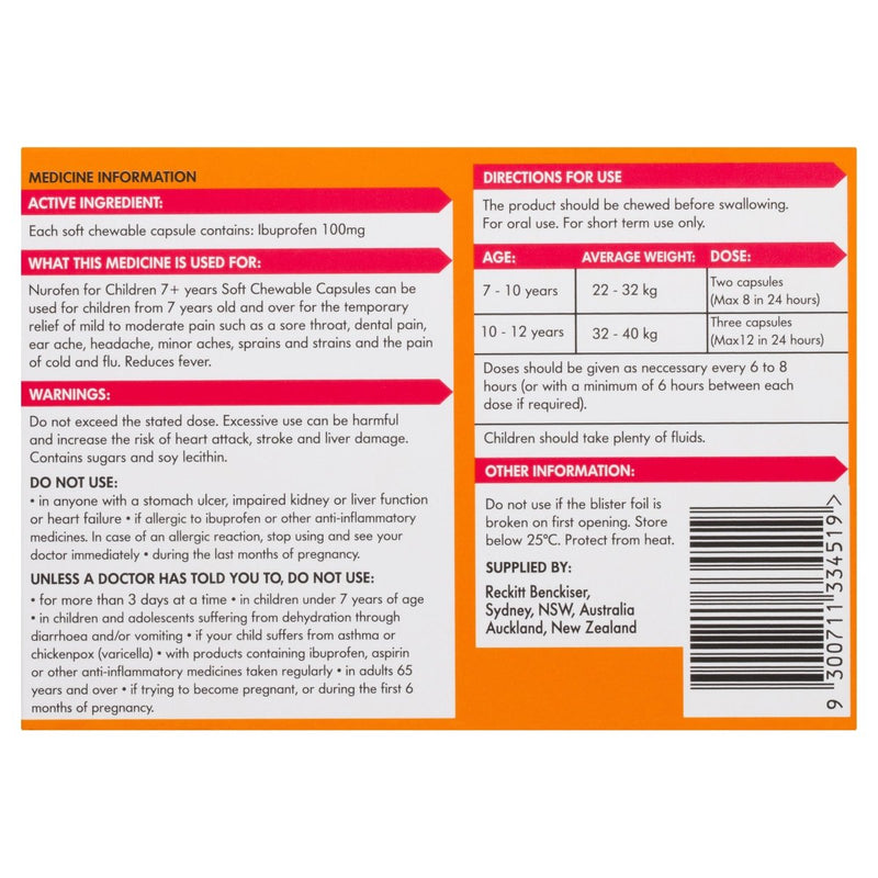 Nurofen for Children 7+ Years Orange 12 Capsules - Vital Pharmacy Supplies