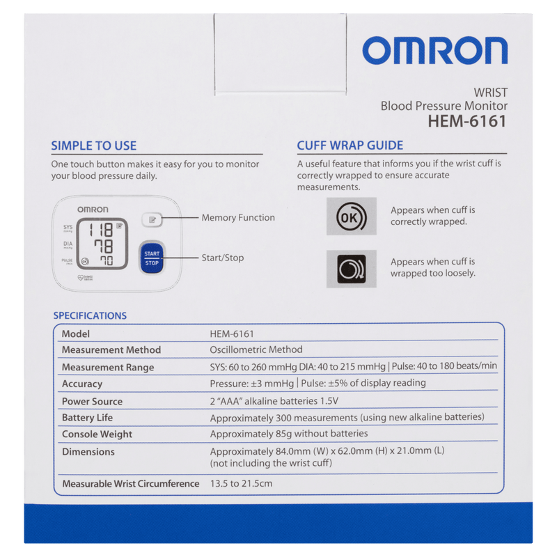 Omron HEM6161 Wrist Blood Pressure Monitor - Vital Pharmacy Supplies