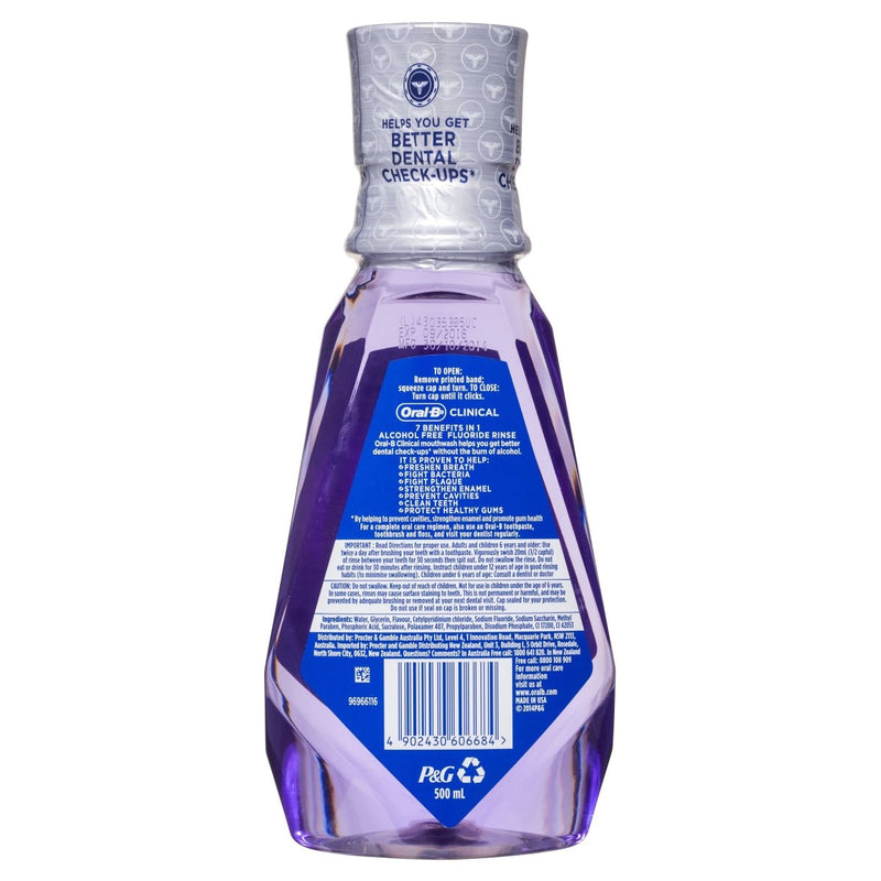 Oral-B Clinical Alcohol Free Flouride Rinse Mouthwash Clean Mint 500mL - Vital Pharmacy Supplies