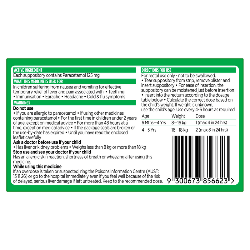 Panadol Children (6 months - 5 years) Suppositories 125mg 10 Pack - Vital Pharmacy Supplies