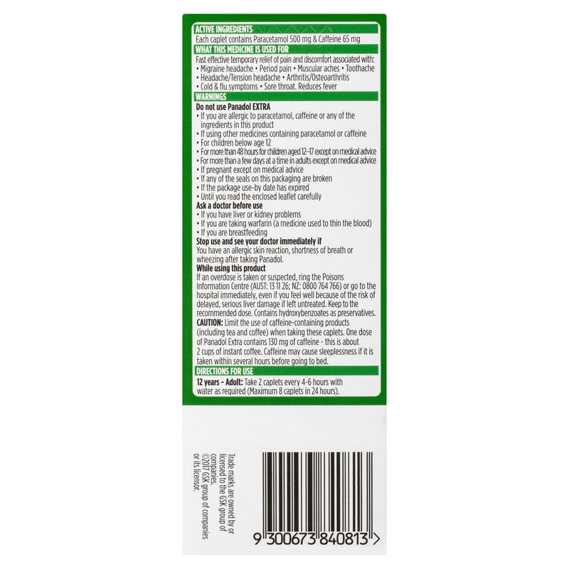 Panadol Extra 40 Caplets - Vital Pharmacy Supplies