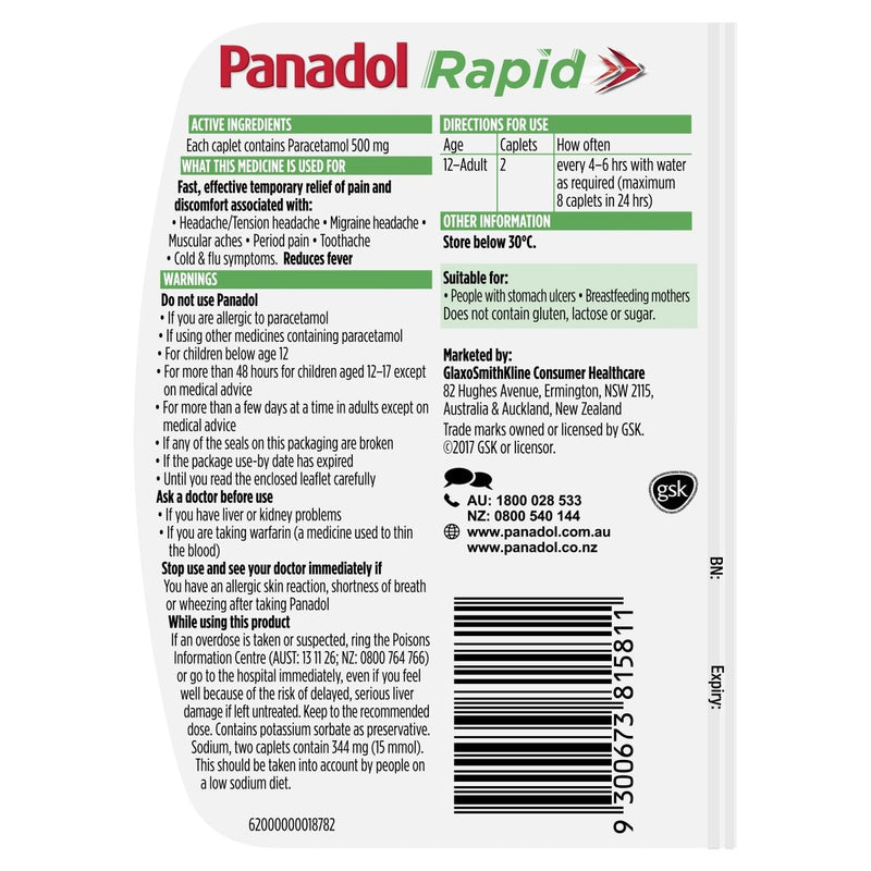 Panadol Rapid Handipak 10 caplets - Vital Pharmacy Supplies