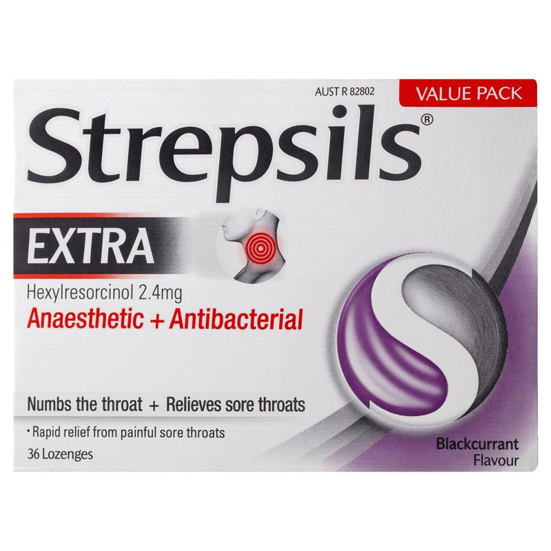 Strepsils Extra Blackcurrant Fast Numbing Sore Throat Pain Relief 36 Lozenges - Clearance - Vital Pharmacy Supplies