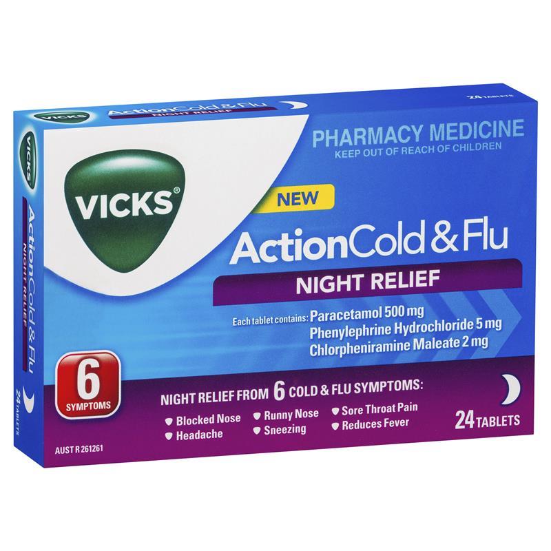 Vicks Action Cold & Flu Night Relief 24 Tablets - Vital Pharmacy Supplies