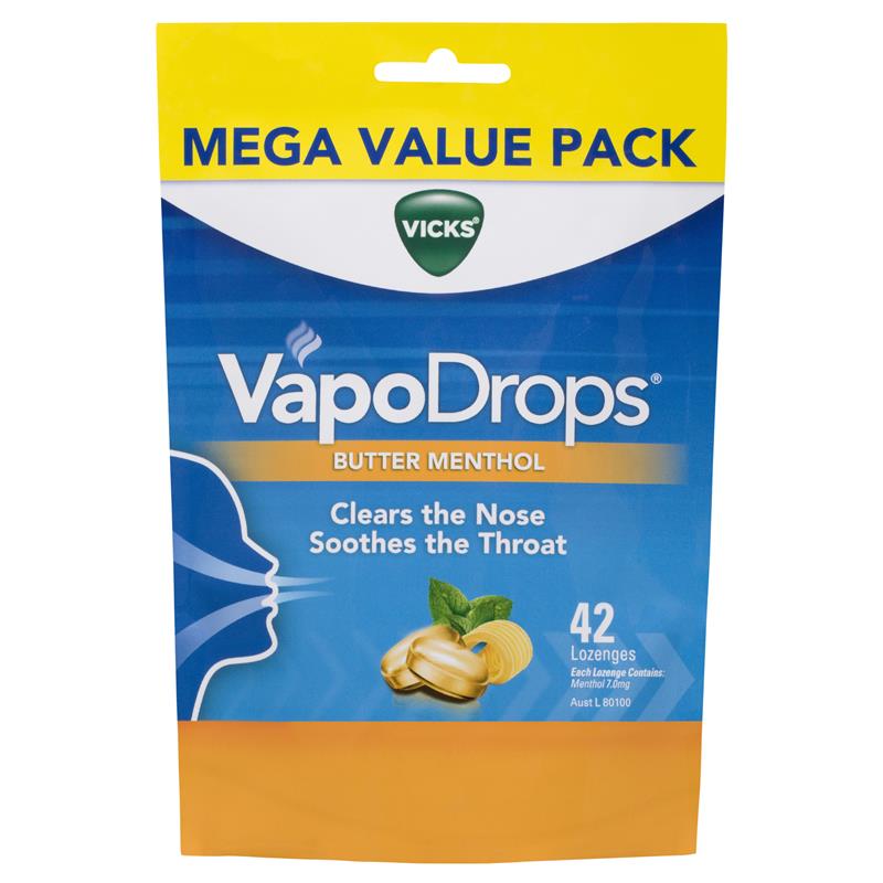 Vicks VapoDrops Butter Menthol Throat Lozenges 42 Pack - Vital Pharmacy Supplies