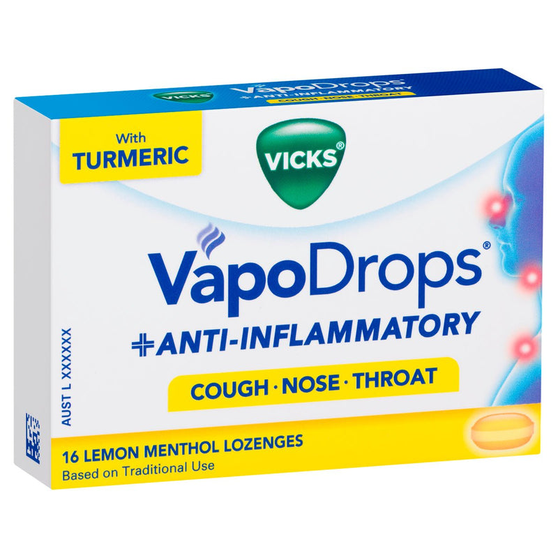 Vicks VapoDrops Lozenges + Anti Inflammatory Lemon Menthol 16 Pack - Vital Pharmacy Supplies