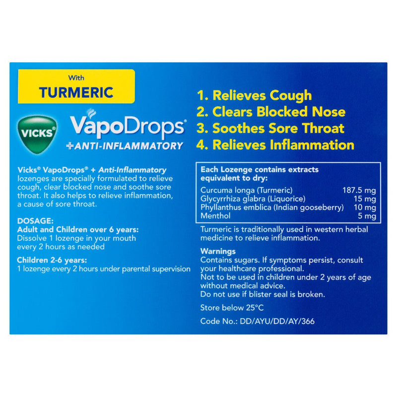 Vicks VapoDrops Lozenges + Anti Inflammatory Lemon Menthol 16 Pack - Vital Pharmacy Supplies