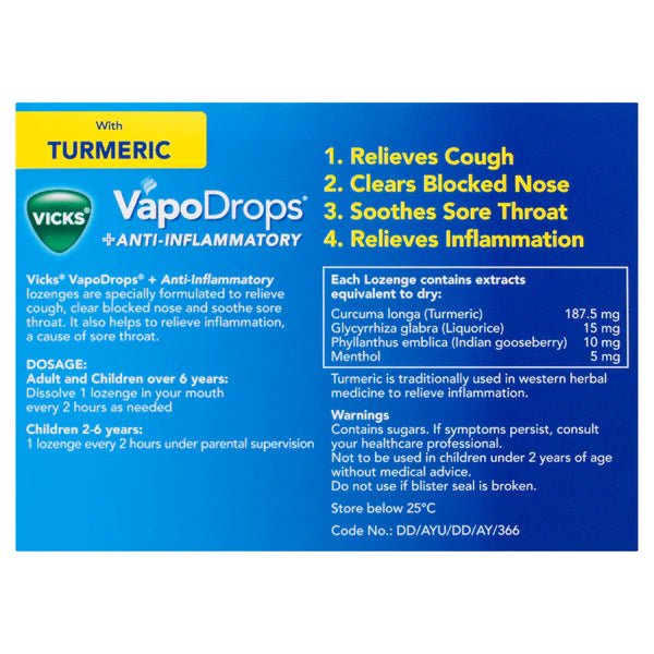 Vicks VapoDrops Lozenges + Anti Inflammatory Lemon Menthol 36 Pack - Vital Pharmacy Supplies