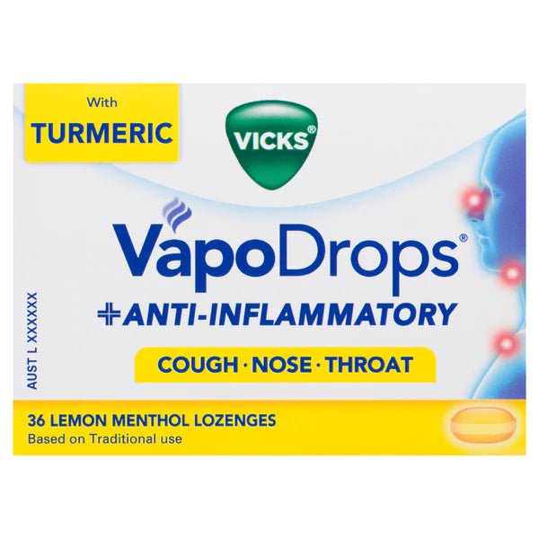 Vicks VapoDrops Lozenges + Anti Inflammatory Lemon Menthol 36 Pack - Vital Pharmacy Supplies