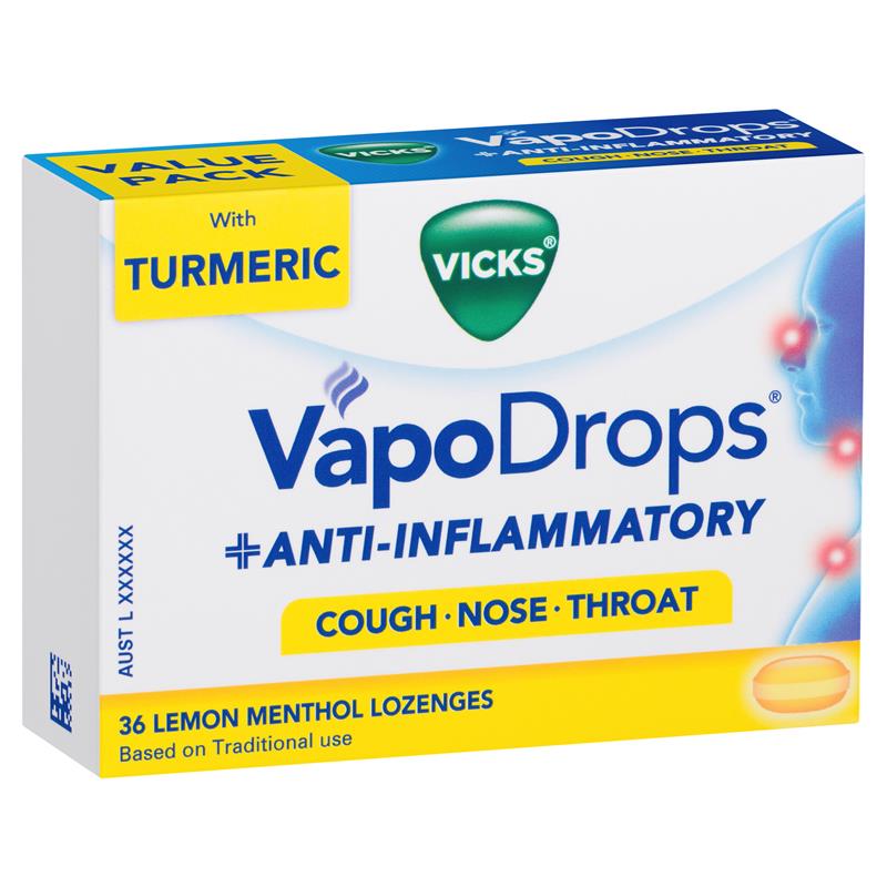 Vicks VapoDrops Lozenges + Anti Inflammatory Lemon Menthol 36 Pack - Vital Pharmacy Supplies