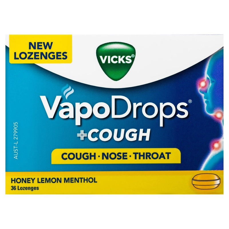 Vicks VapoDrops Lozenges + Cough Honey Lemon Menthol 36 Pack - Vital Pharmacy Supplies