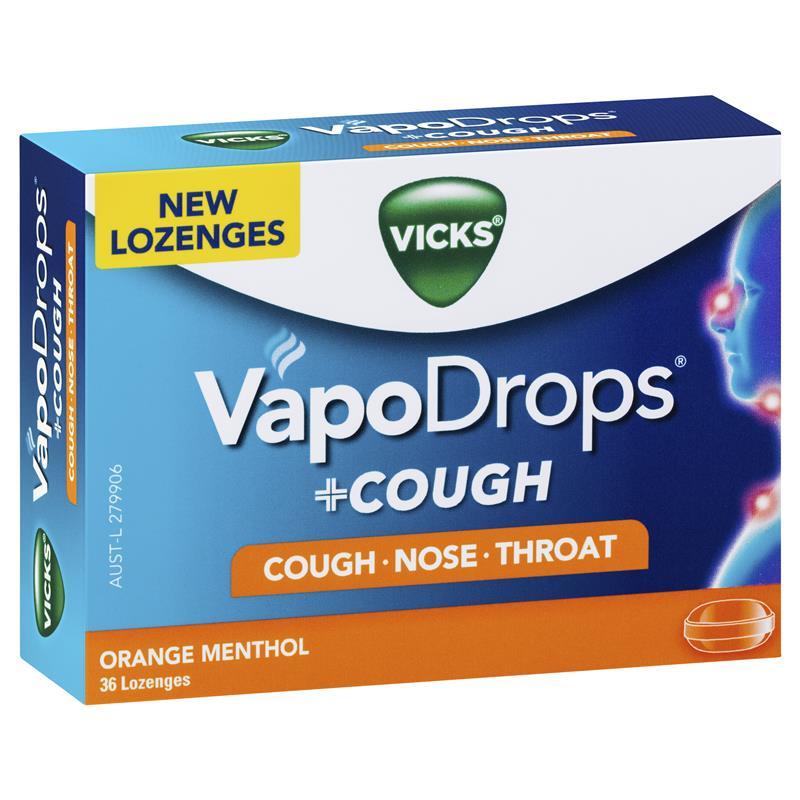 Vicks VapoDrops Lozenges + Cough Orange Menthol 36 Pack - Vital Pharmacy Supplies