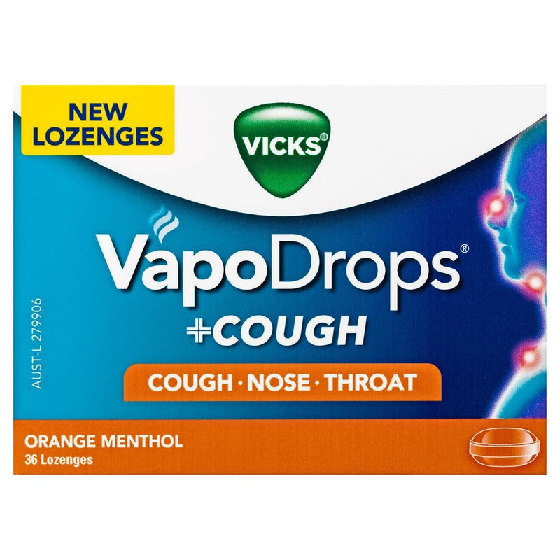 Vicks VapoDrops Lozenges + Cough Orange Menthol 36 Pack - Vital Pharmacy Supplies
