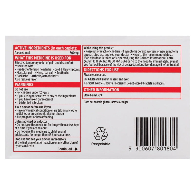 Tylenol Paracetamol Pain and Fever Relief Caplets 10 Pack - VITAL+ Pharmacy