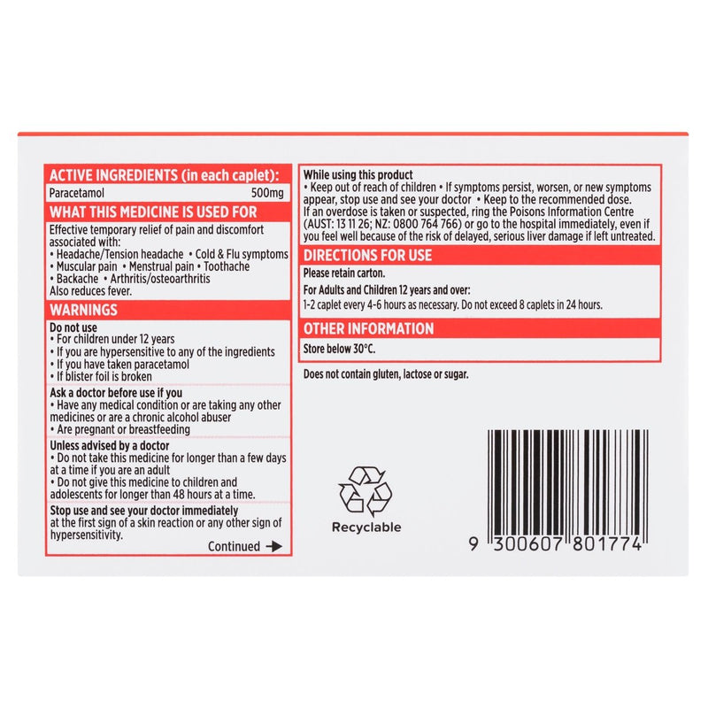Tylenol Paracetamol Pain and Fever Relief Caplets 20 Pack - VITAL+ Pharmacy