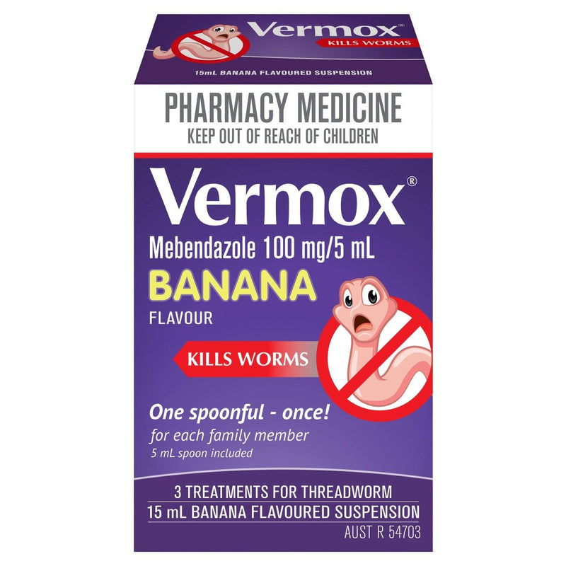 Vermox Worming Treatment Banana Flavoured Liquid 15mL - VITAL+ Pharmacy