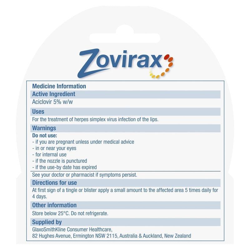 Zovirax Cold Sore Cream Tube 2g - Clearance - VITAL+ Pharmacy