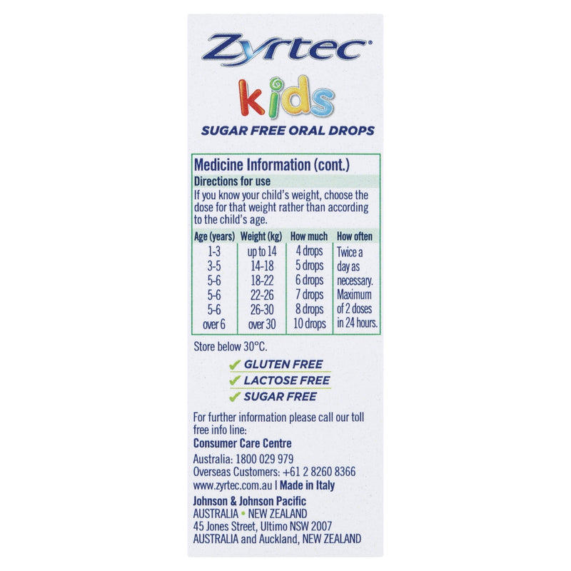Zyrtec Cetirizine Kids Fast Acting Relief Sugar Free 20mL - Vital Pharmacy Supplies