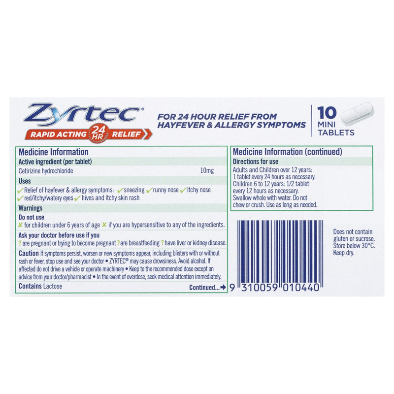Zyrtec Cetirizine Rapid Acting Relief 10 Tablets - Vital Pharmacy Supplies