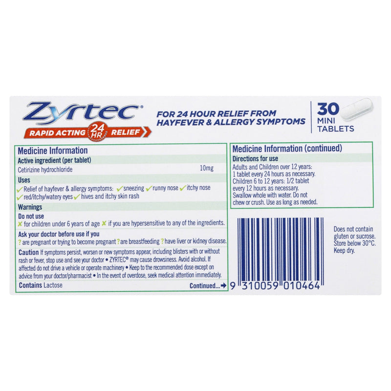 Zyrtec Cetirizine Rapid Acting Relief 30 Tablets - Vital Pharmacy Supplies