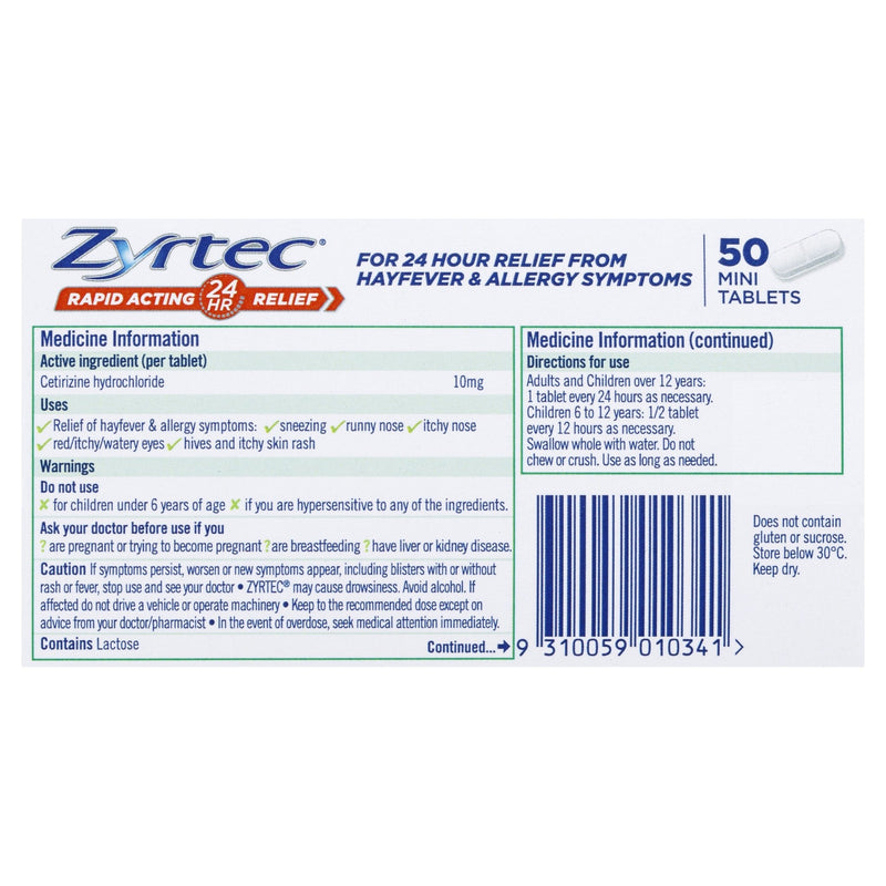Zyrtec Cetirizine Rapid Acting Relief 50 Tablets - Vital Pharmacy Supplies
